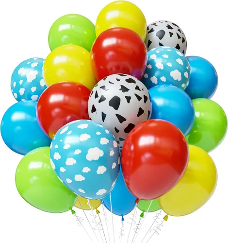 Globos rojos, azules, verdes, amarillos, 50 globos con estampado de vaca de 12 pulgadas, azul cielo, nube, rojo, azul, amarillo, verde, para niños,