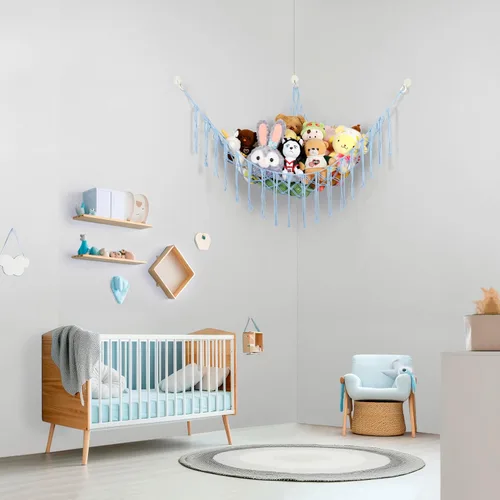 Vista 5 de Hamaca esquinera de animales de peluche, hamaca grande tejida a mano con anillos de madera, almacenamiento de animales bohemios para guardería