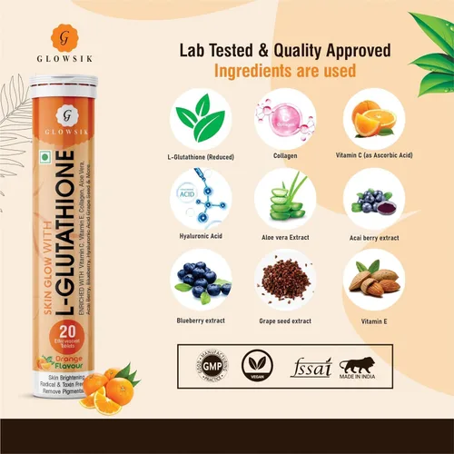 Vista 3 de Glowsik - Tabletas efervescentes de glutatión para la salud de la piel, 600 mg de glutatión reducido con vitamina C para aclarar, suplementos