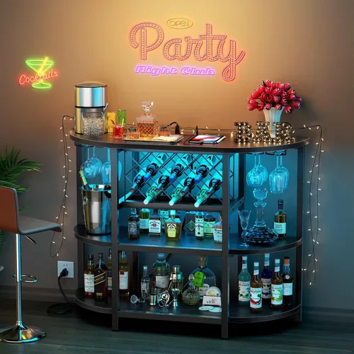 Vista 16 de Zarler Carrito de bar con toma de corriente fácil de montar, gabinete de bar LED para el hogar, para licor, 47.3 pulgadas de largo x 15.8 pulgadas