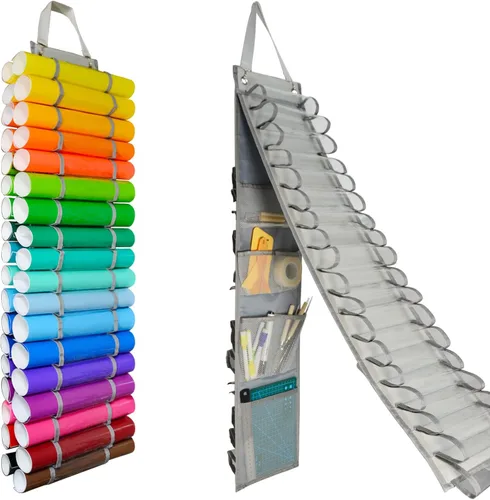 Tunnkit Portarrollos de vinilo – Organizador de almacenamiento de vinilo de 36 compartimentos con 7 bolsillos de malla, montaje en