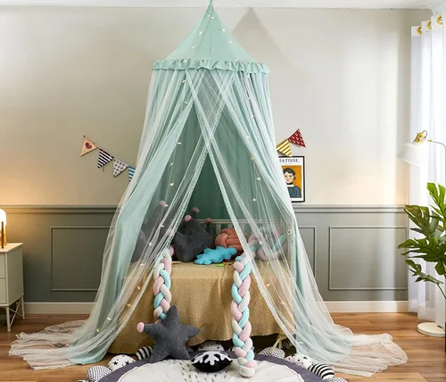 Vista 7 de VETHIN Toldo de cama para niños con luces, doble capa de cúpula redonda de princesa para niños, mosquitera de ensueño, habitación de niñas