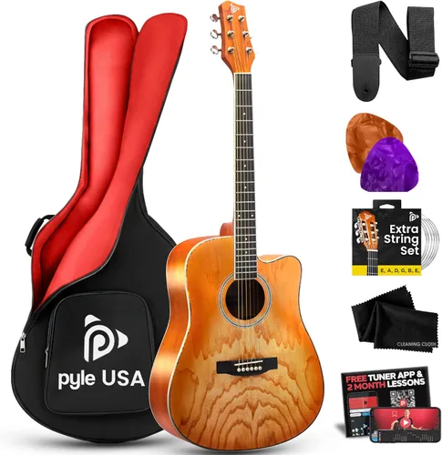 Vista 8 de Kit de guitarra acústica Pyle con cuerdas de acero, tamaño completo de 41 pulgadas, estilo Cutaway con tapa de Ashtree, acabado de poro abierto