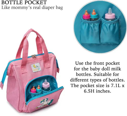 Vista 7 de HappyVk - Bolsa de pañales para muñecas con cambiador de muñeca y juego de accesorios para muñecas - Bolso para niñas - Bonito bordado