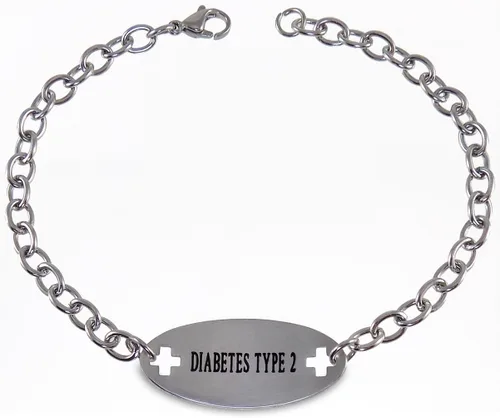 Vista 3 de Pulsera de identificación de acero inoxidable con identificación de alerta médica para diabetes tipo 2 con cadena de 9 pulgadas, Acero inoxidable