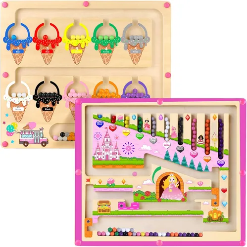 wakeInsa Laberinto magnético 2 en 1 de color y número, juguete Montessori para niñas pequeñas, rompecabezas de bolas magnéticas de madera, juego de