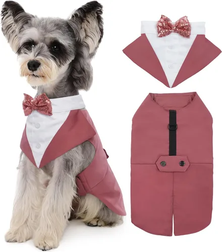 Vista 28 de Conjunto de esmoquin para perro Kuoser, traje de esmoquin y bandana para perros, traje de boda para perros, camisa con corbatín para perrito