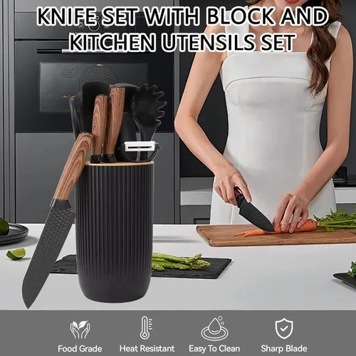 Vista 6 de Juego de cuchillos de cocina profesional de 10 piezas con bloque universal de cuchillos, antiadherentes, resistentes al calor, herramientas de Negro