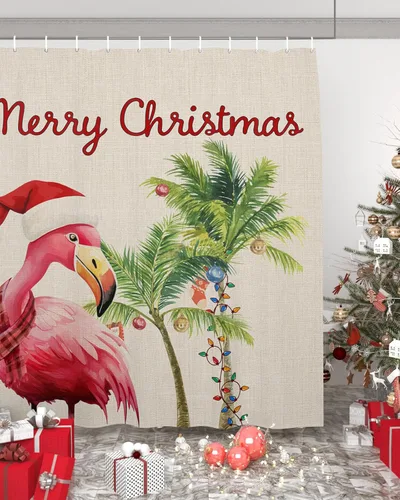 Vista 4 de Merry Christmas Shower Curtain for Bathroom 36" x 72" Tropical Flamingo Palm Tree Shower Curtain with Hooks Polyester Waterproof Home Bathtub Decor