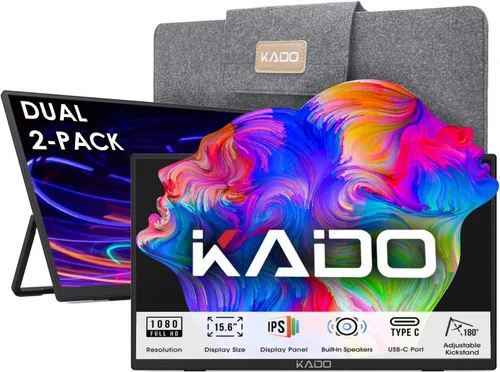 Kado Configuración de Monitor Portátil Dual - Pack de 2 Monitores Portátiles de 15.6 Pulgadas FHD para Laptop, 1920x1080 IPS mini-HDMI USB Tipo-C