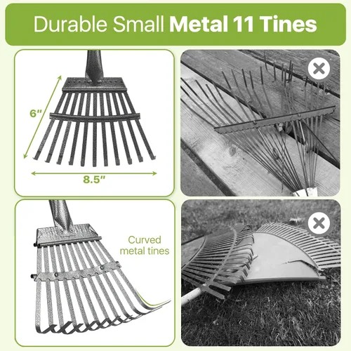 Vista 5 de Rastrillo para Hojas, Rastrillo de Hojas Pequeño para Jardín, Rastrillos-Herramienta de Metal Ajustables de 70 pulgadas con 11 Púas de Acero