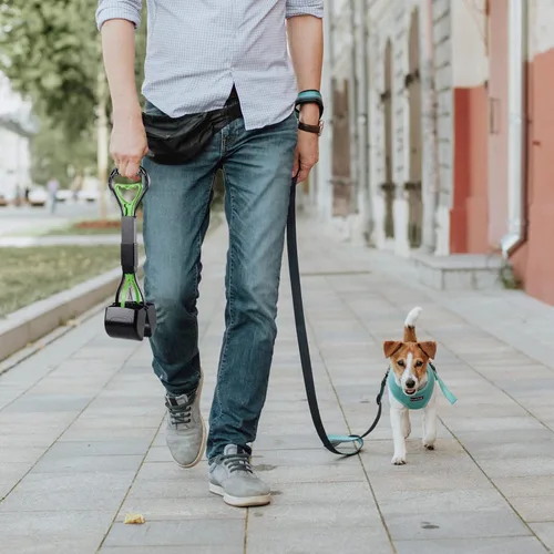Vista 5 de Recogedor de excrementos de 17.7 pulgadas para perros, pala plegable para mango largo, mandíbula estable, fácil para recoger caca de mascotas