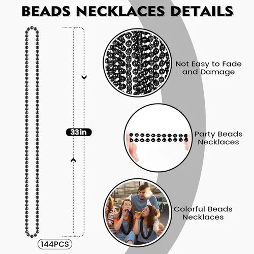 Vista 2 de 144 collares de cuentas negras, cuentas de Mardi Gras negras, collares de Nochevieja, collar redondo de cuentas de Halloween de 33 pulgadas, cuentas