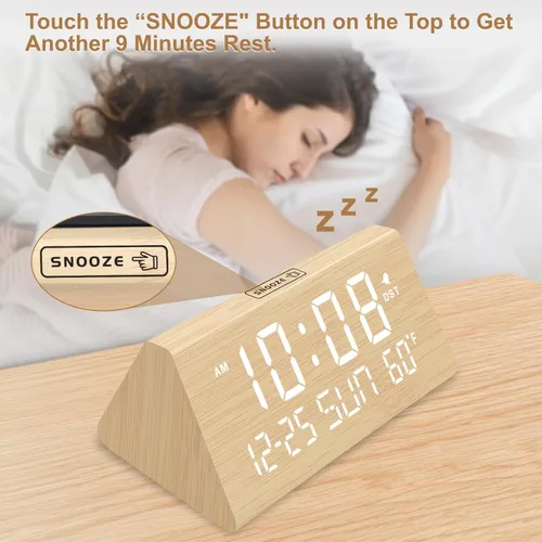 Vista 4 de DreamSky Reloj despertador digital para dormitorios, reloj de escritorio de madera con fecha, día de la semana, puerto USB, temperatura, atenuador
