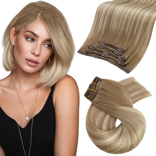 Vista 74 de Moresoo Extensiones de cabello humano con clip, balayage, color marrón oscuro a marrón dorado con clip, extensiones de cabello humano con clip, 5