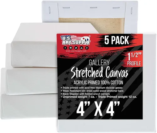 U.S. Art Supply - Juego de 5 lienzos estirados en masa para pintar, 4 x 4 pulgadas, profundidad de galería de 1-1/2" de perfil - 12 oz de gesso