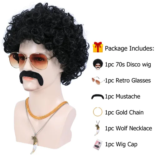 Vista 3 de Juego de 6 pelucas de discoteca de los años 70 y 80 con lentes de bigote, collar de lobo artificial, cadena dorada, pelo sintético corto y rizado