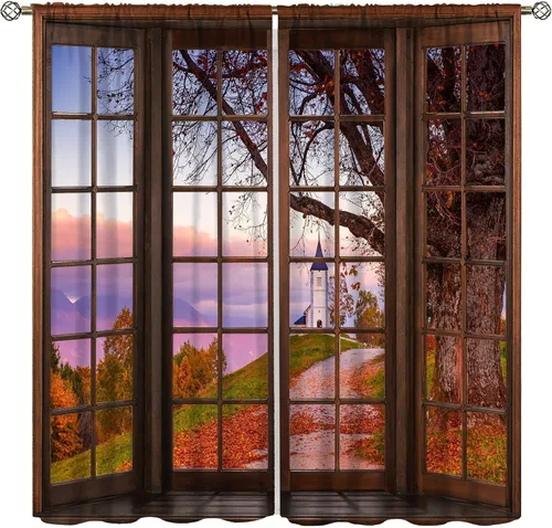 Vista 10 de Cortinas de bosque, bosque natural, cascadas, paisaje, rústico, estilo granja, bolsillo para barra, cortinas insonorizadas para ventana