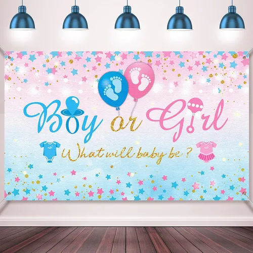 Fondo de revelación de género para niño o niña, fondo azul y rosa para fiesta de revelación de género, cartel con texto en inglés «What Will Baby
