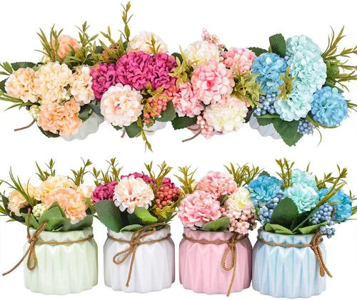 Plantas de flores artificiales – Mini flores de hortensias falsas en maceta para decoración del hogar, fiesta, boda, oficina, patio, mesa,