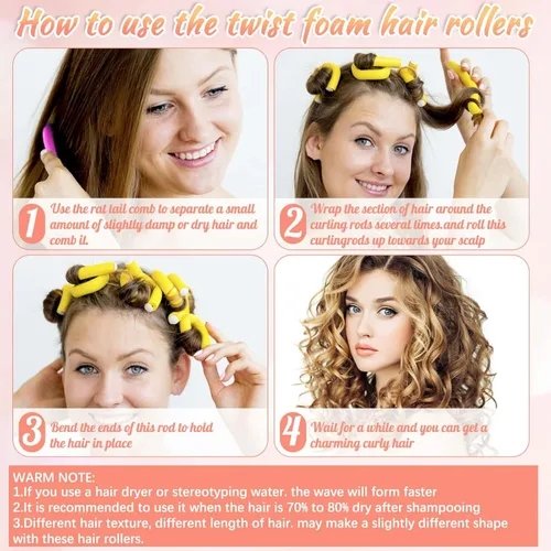 Vista 4 de 30 piezas de varillas rizadoras flexibles de 9.45 pulgadas sin calor, rizadores de cabello con 3 tamaños de rizadores de espuma para cabello largo