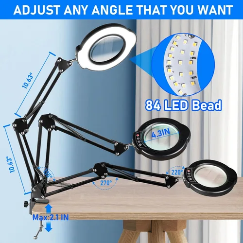 Vista 2 de lupa de 10 aumentos con luz y soporte, lámpara de escritorio LED con base y abrazadera, 5 modos de color, 10 niveles de atenuación, manos libres