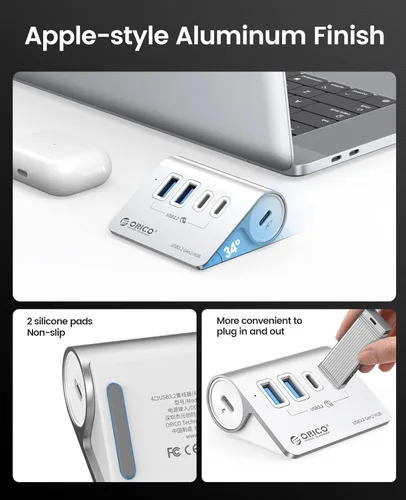 Vista 6 de ORICO Concentrador USB 3.2 Gen2 de 4 puertos, concentrador USB 3.2 de escritorio con 2 USB-A, 2 USB-C, puerto de fuente de alimentación de 5 V 3 A