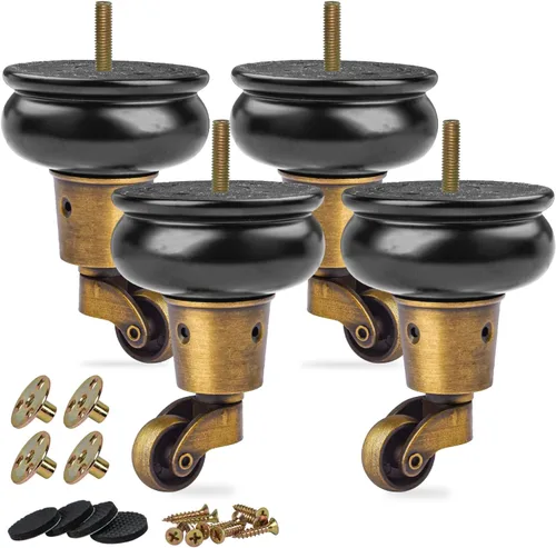 Patas de madera para muebles de 4 pulgadas con ruedas giratorias, paquete de 4 patas redondas de madera maciza negra clásica de repuesto de TCHOSUZ