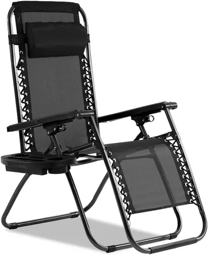 Silla estilo gravedad cero, silla de patio, tumbona, plegable, resistente y ajustable, para exteriores, con portavasos y cojines para patio, Negro