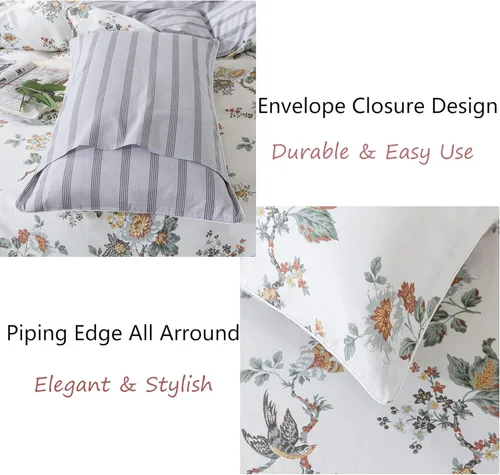 Vista 5 de FADFAY Juego de funda de edredón Twin, elegante ropa de cama floral shabby beige con estampado de pájaros y flores, juego de funda de edredón