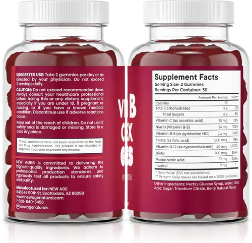 Vista 8 de NEW AGE Gomitas de complejo de vitamina B con vitamina B3, B5, B6, B7, B9 y B12, con biotina, ácido fólico y vitamina C, sin gluten, veganas