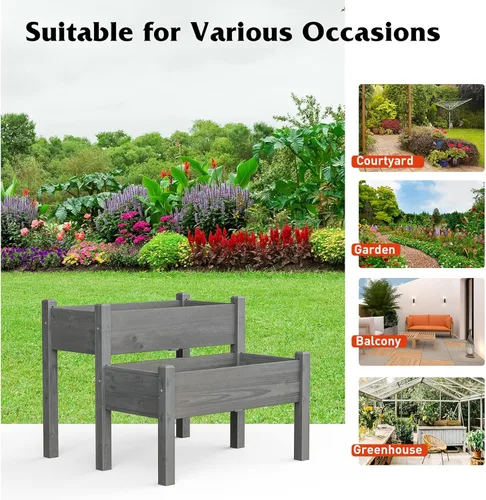 Vista 9 de S AFSTAR Juego de 2 camas elevadas de jardín, macetas elevadas de madera con 8 agujeros de drenaje y 2 jardineras, contenedor de plantación al aire