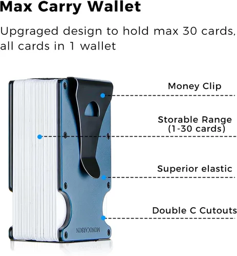 Vista 7 de MONOCARBON Cartera delgada minimalista con bolsillo frontal con bloqueo RFID, clip de dinero para tarjetas de crédito, acero manganeso, Azul