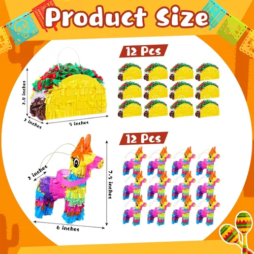 Vista 2 de Wettarn 24 mini piñatas a granel, 12 piezas de mini piñata de burro y tacos para Cinco de Mayo, fiesta de cumpleaños mexicana, decoraciones