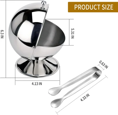 Vista 3 de EATAKWARD Azucarero con tapa enrollable de acero inoxidable esférico para dulces con pinza de azúcar de 4.3 pulgadas, clip de azúcar inoxidable