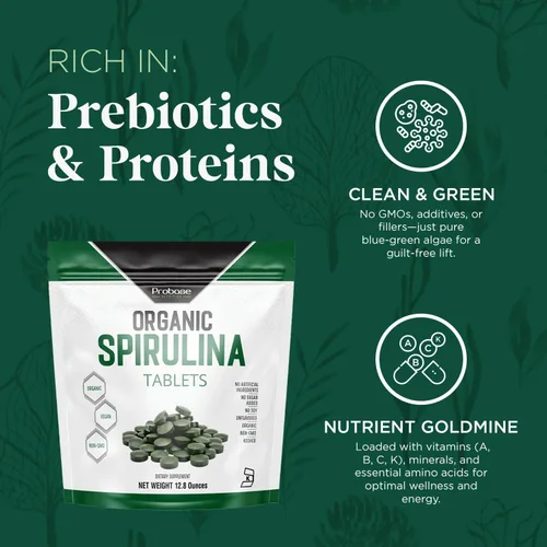 Vista 4 de Probase Nutrition Organic Spirulina Supplement, 3000MG Per Serving, 720 Tablets (4 Month Supply), No Filler & Non-GMO, Rich in Vegan Protein