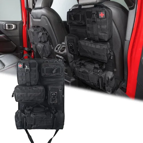 Vista 16 de Organizador táctico universal para respaldo de asiento, panel Molle para vehículo, bolsa de almacenamiento con 5 bolsas Molle desmontables
