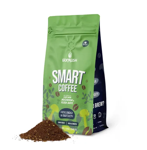 Lionrush Smart Coffee – Tostado oscuro molido con yerba mate, melena de león y adaptógenos – Aumenta la concentración, la energía y la creatividad –