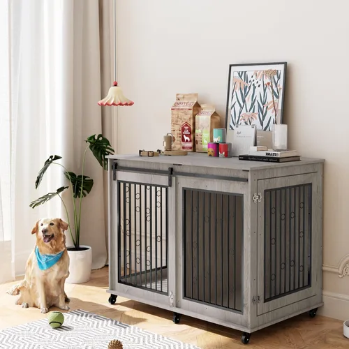 Vista 12 de IchbinGo Mueble grande para jaula para perros, perrera de madera de 47 pulgadas con puerta corrediza de granero, tapa abatible y ruedas, mesa