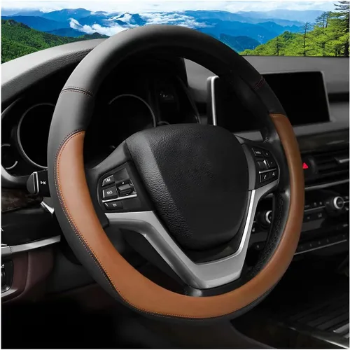 Vista 10 de Funda para volante de automóvil, 14.5-15 pulgadas, protector de cuero antideslizante para volante de vehículo, suave y transpirable, accesorios