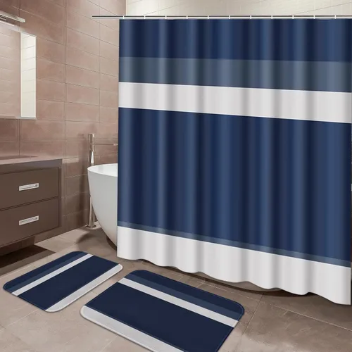 Vista 9 de ArtSocket Juego de baño rojo con cortina de ducha y alfombras y accesorios, juego de cortina de ducha gris a rayas burdeos, decoración moderna