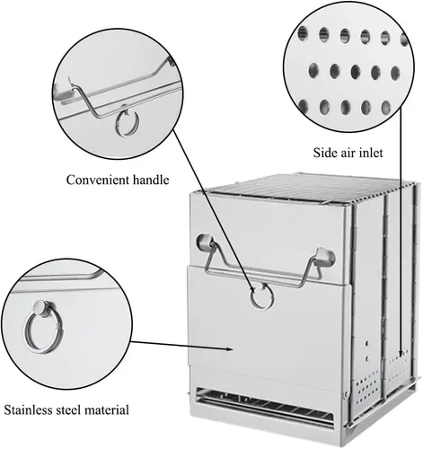 Vista 7 de Estufa de leña plegable para acampar con parrilla, estufa de campamento plegable para mochileros, estufa de supervivencia de acero inoxidable