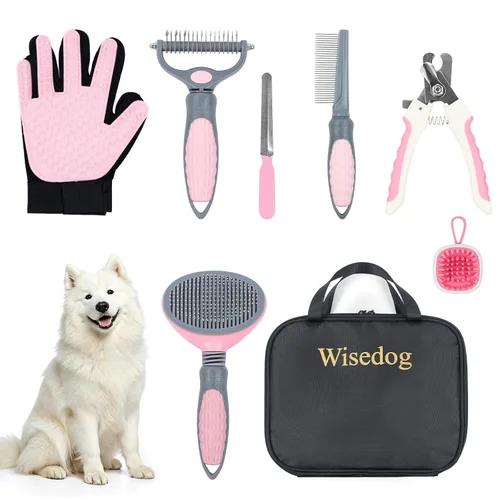 Vista 8 de Wisedog Kit de aseo para perros, 7 piezas, cortaúñas para gatos con lima de uñas, peine desengrasante para perros, peine de pulgas, cepillo de baño