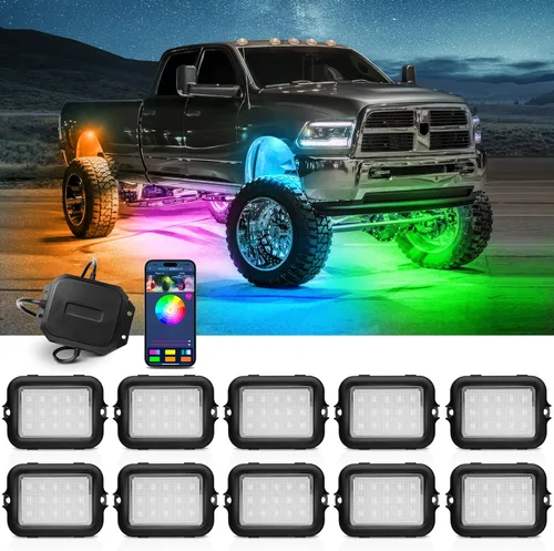 Vista 9 de MICTUNING Kit de luces de roca RGB X2 actualizado 2025 – Kit de iluminación de luz de neón de 8 cápsulas IP68 impermeable con aplicación Bluetooth