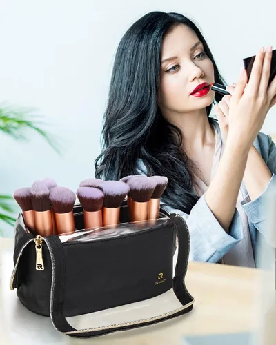 Vista 8 de Relavel Bolsa de brochas de maquillaje, estuche de brochas de maquillaje de pie, soporte de brochas de maquillaje negro, bolsa de maquillaje