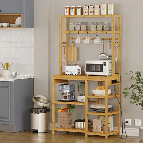 Vista 4 de Estante para panaderos con toma de corriente, barra de café, estantes de cocina de 10 niveles con 8 ganchos, soporte para microondas, estante