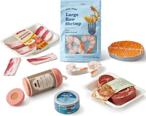 Tiny Land Juego de comida orgánica para juegos de simulación - Juego de juguetes de mariscos y carne de madera de 6 piezas para niños, simulación de
