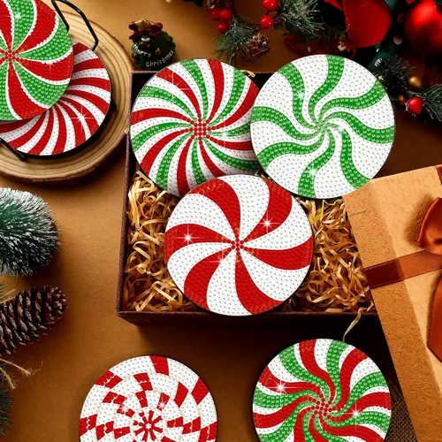 Vista 2 de Perthlin 8 Pcs Christmas Diamond Art Coasters Christmas Tree Candy Gnome Painting Coasters with Holder Painting Kit Green White Diamond Kits(Candy)
