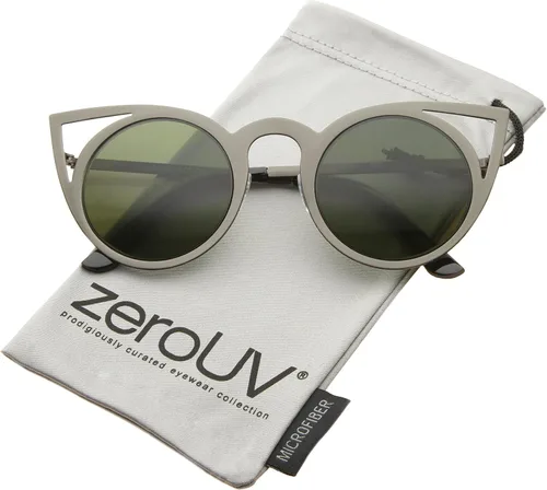 Vista 19 de zeroUV Gafas de sol redondas de metal recortadas con lente de espejo de ojo de gato para mujer