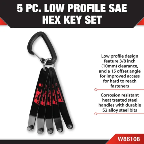Vista 2 de Performance Tool W86108 SAE Juego de herramientas de llave hexagonal de perfil bajo para talleres y garajes, negro, juego de 5 piezas